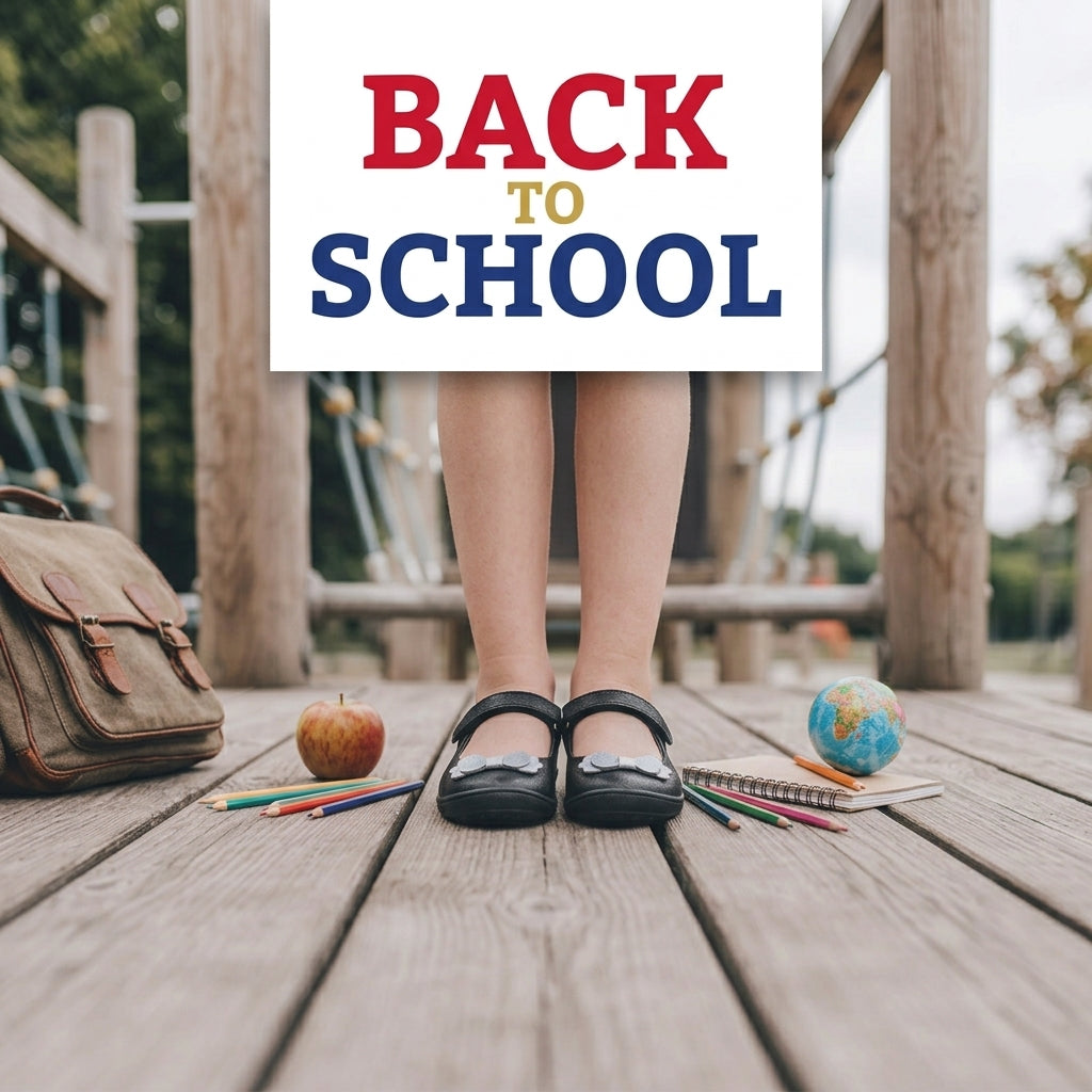 Back to school shoes for kids, back to school text overlay