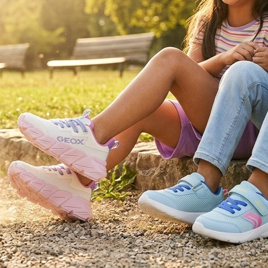 Two children sitting outdoors in pink and light blue Geox trainers
