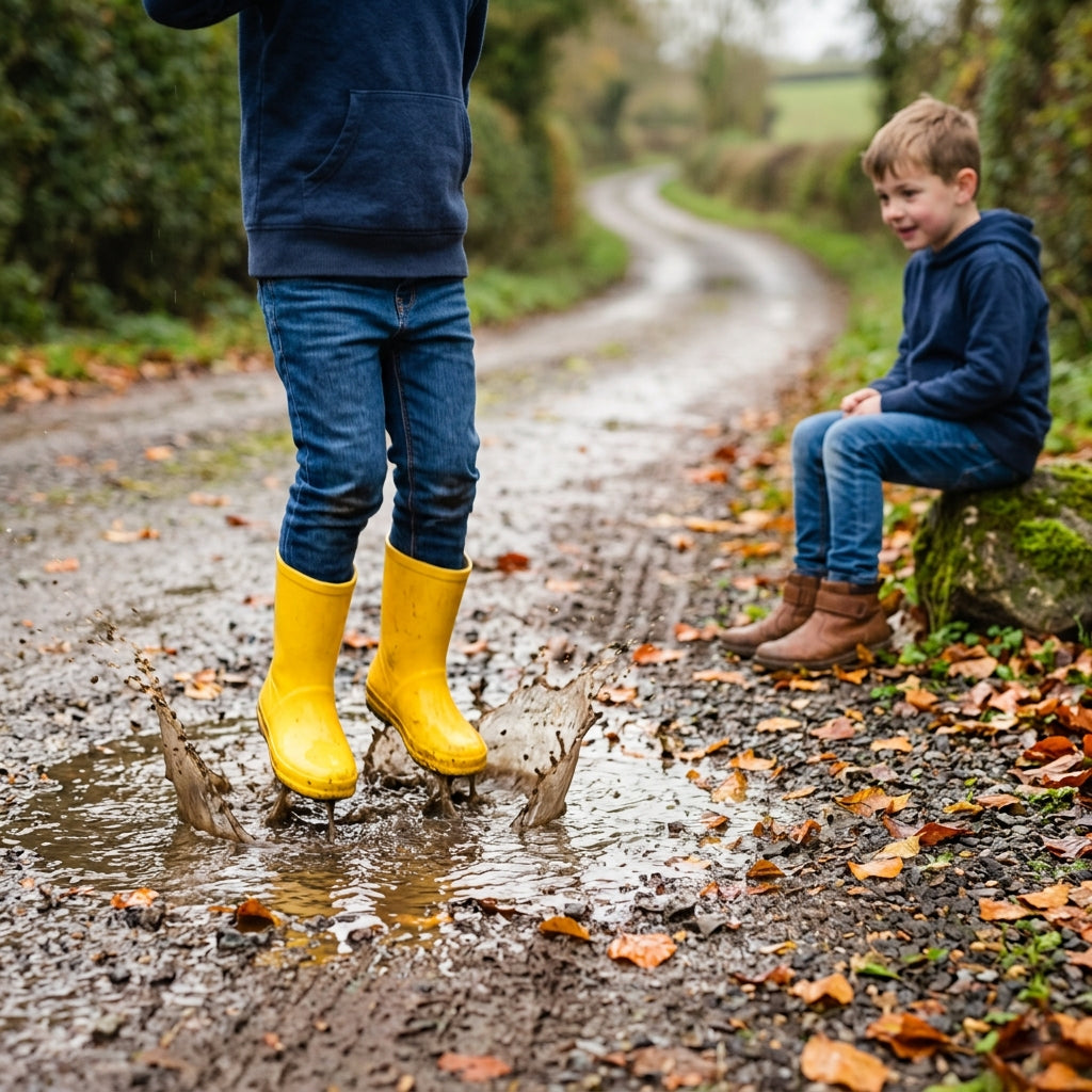 Child splashing in a puddle in yellow wellies while another child sits nearby in brown winter boots