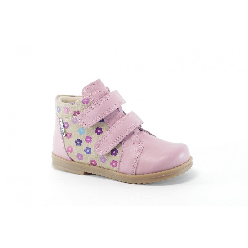 ANI-BUT / LEATHER SHOES / WITH A STIFFENED HEEL / VELCRO FASTENED / PINK FLOWERS (248)