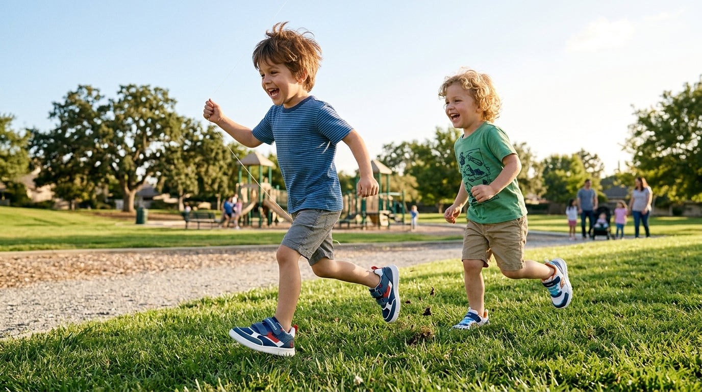 Boys running and playing outdoors wearing shoes at Healthy Steps