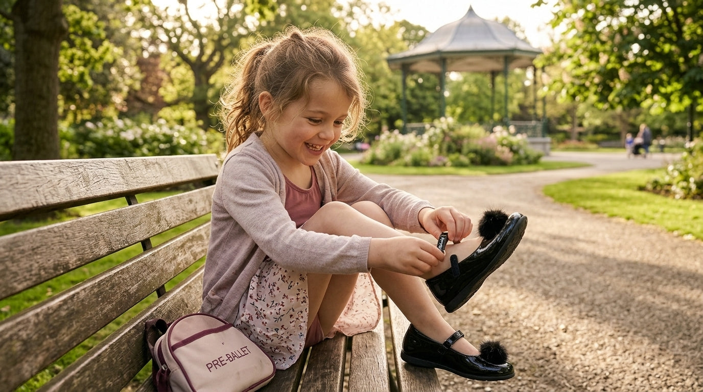 Girl sitting on a park bench putting on her shoes at Healthy Steps