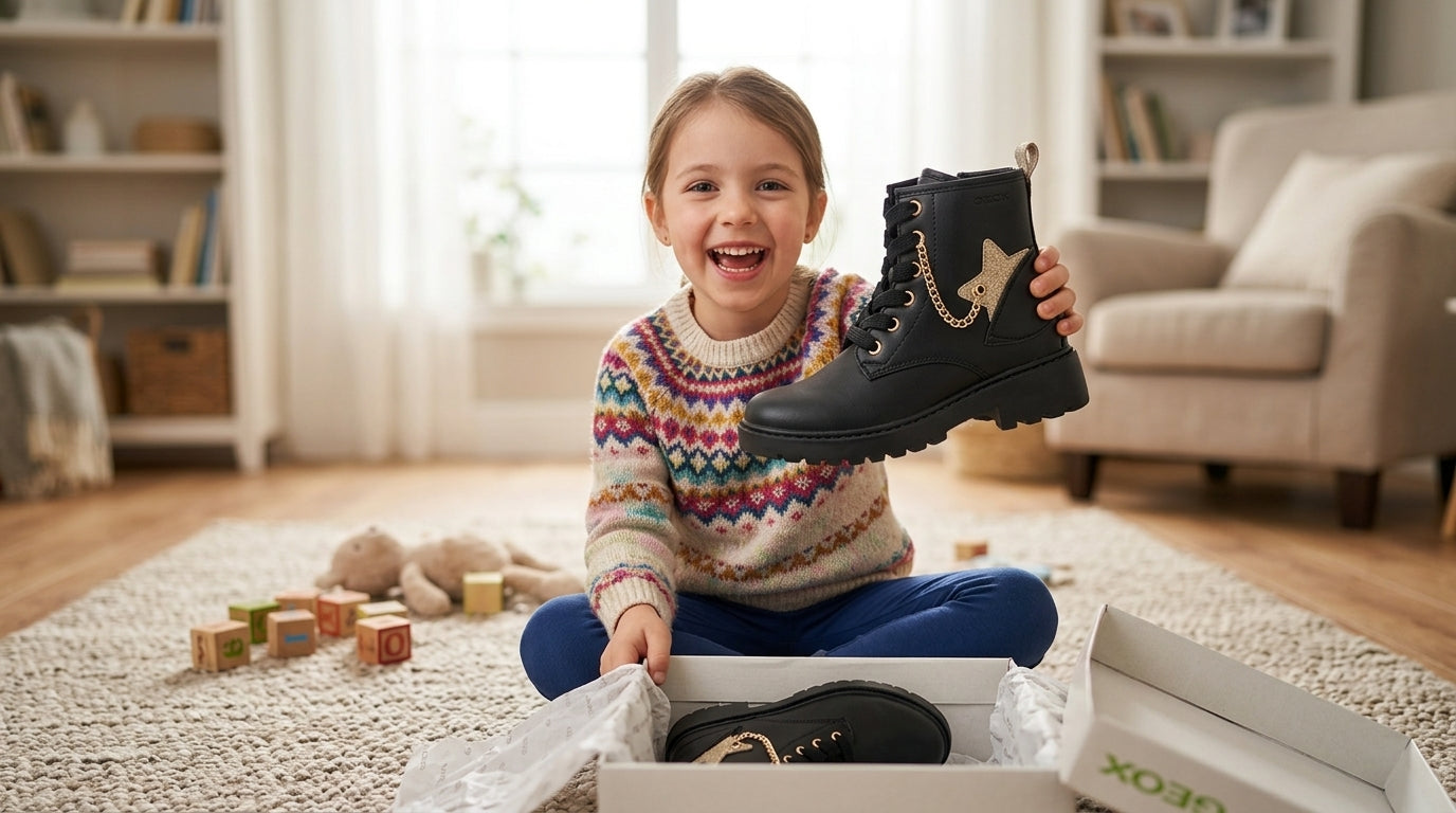 Child excitedly unboxing new shoes at Healthy Steps