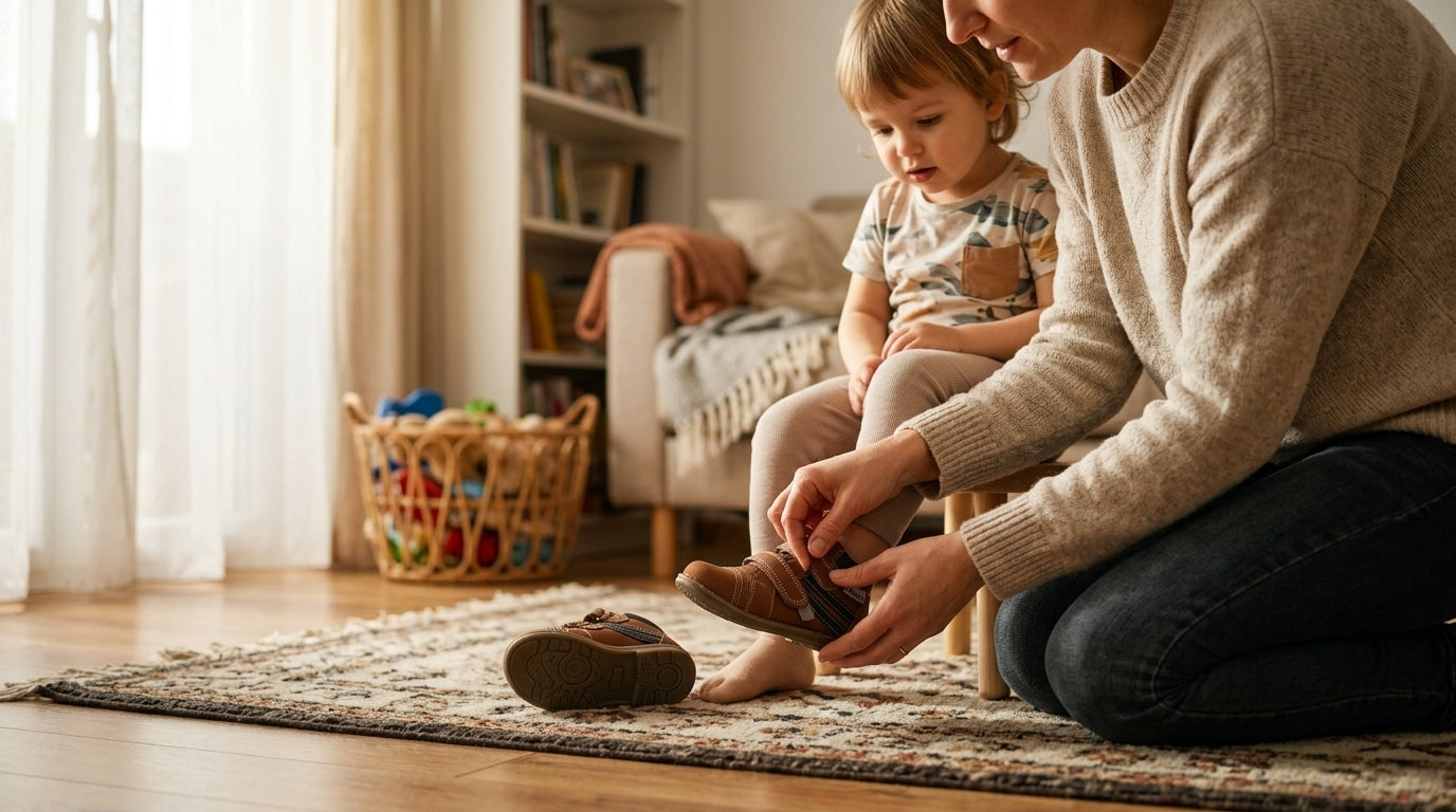 Parent helping child put on supportive orthopaedic shoes