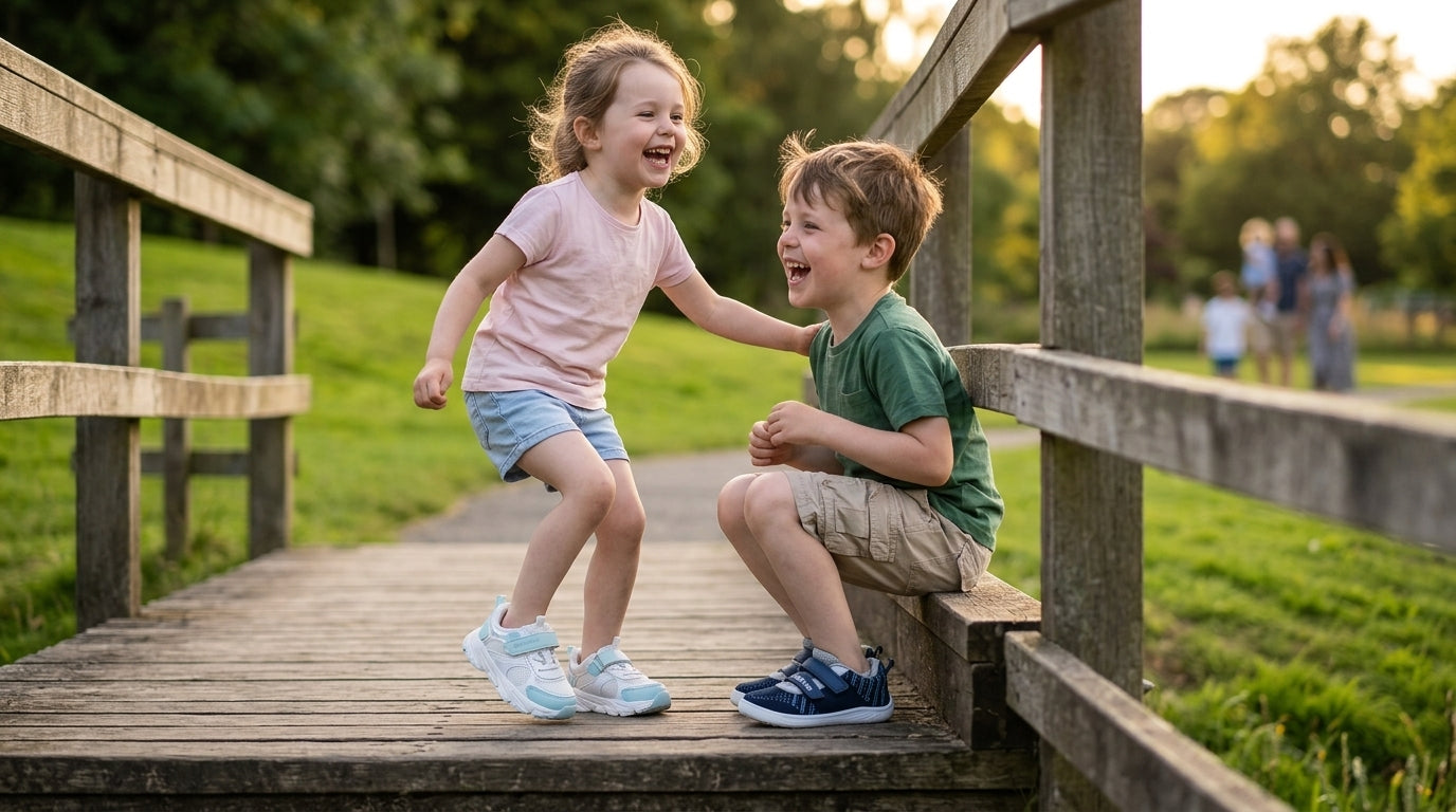 Two children laughing together wearing new shoes